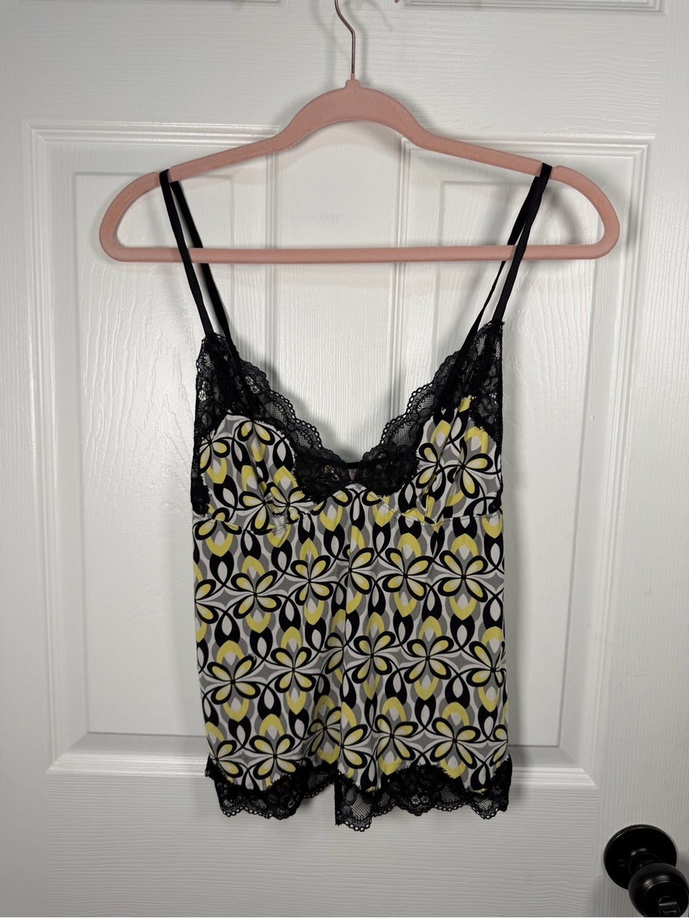 Jezebel Black Lace-Trim Floral Satin Cami with Yellow & White Pattern